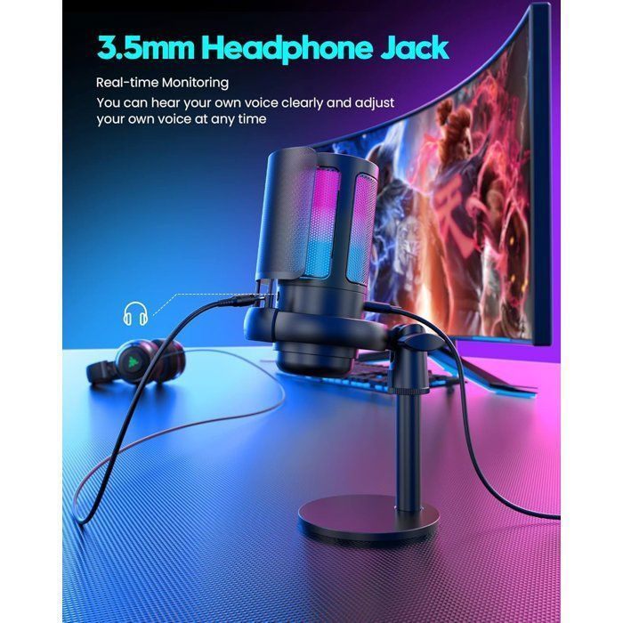 USB microphone, one-touch mute, volume control button, RGB light effect, for gaming, podcasts, and production.