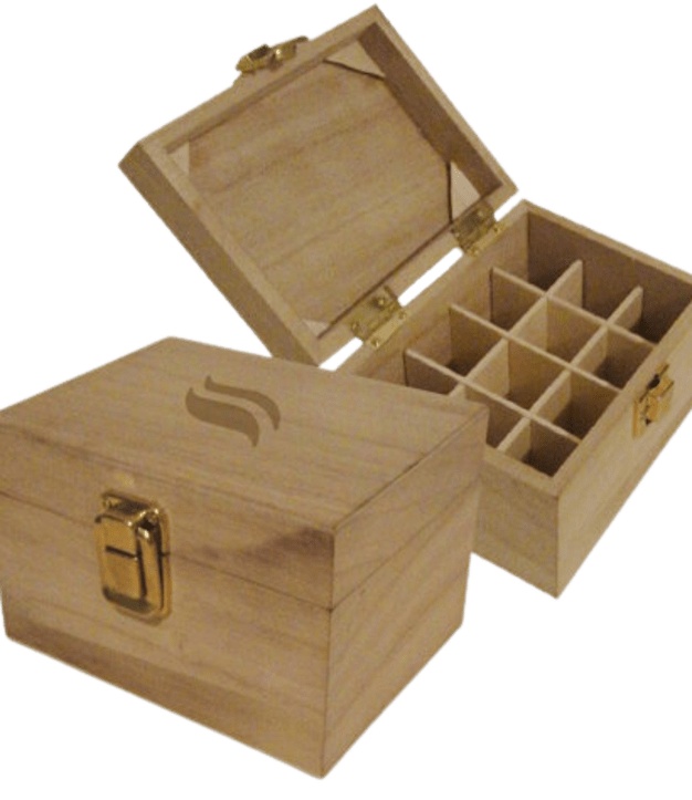 Mini houten opbergdoosje voor etherische oliën, geschikt voor 12 flesjes.