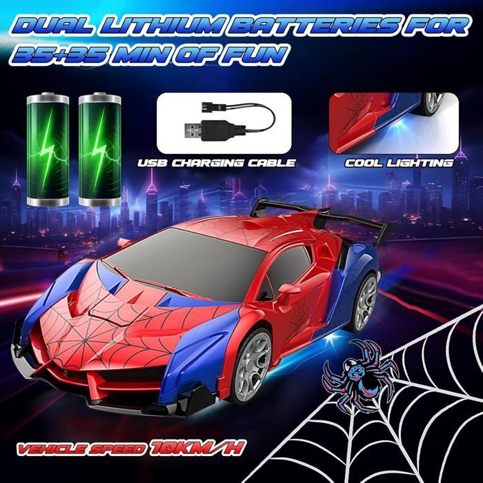 Coche de juguete transformable 2 en 1 con control remoto, luces LED, rotación de 360° y batería recargable por USB. Regalo ideal para niños y niñas.