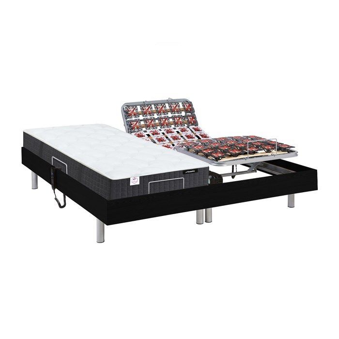 Cama eléctrica de relajación con base de láminas + colchón de muelles ensacados y espuma viscoelástica - 2 x 90 x 200 cm - Negra - PHANES by YSMÉE