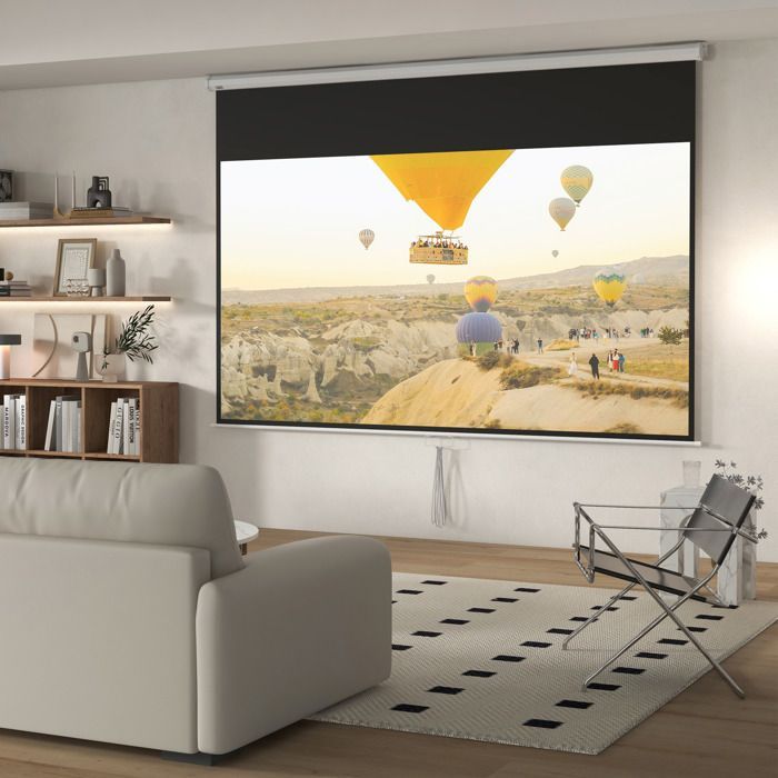 Pantalla de proyección HOMCOM de 120 pulgadas para cine en casa, formato 16:9, resolución 4K HD, montaje en pared/techo, acero, 283 x 8 x 192 cm, color blanco.