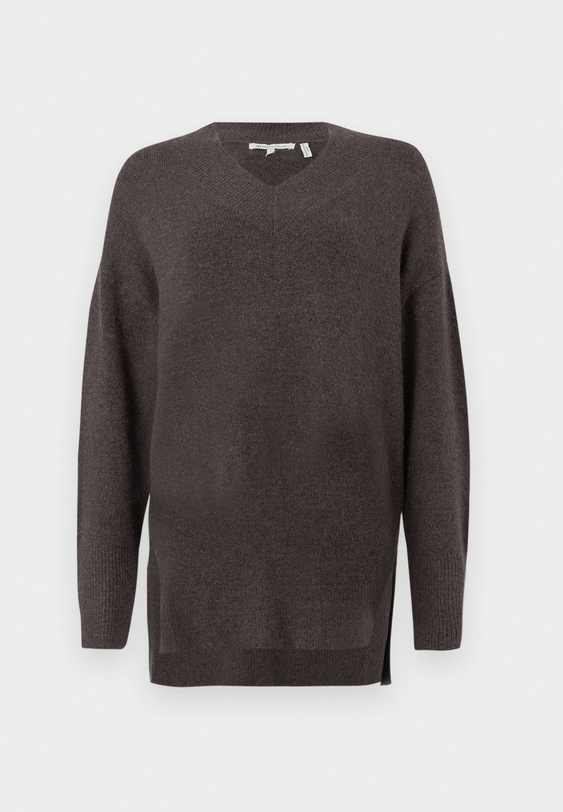 TOM TAILOR DENIM LONG V NECK PULLOVER - Džemper - pehme šokolaadipruun melanž