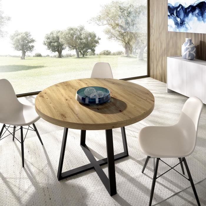 Table ronde extensible DUNA - 4 à 6 personnes - Décor chêne - L110 x P110/152 x H77 cm