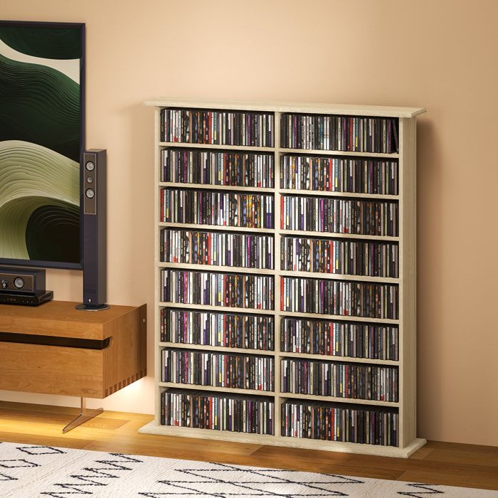 CD and DVD storage unit - HOMCOM - 16 compartments and 12 adjustable shelves - max. capacity 720 CDs/396 DVDs and Blu-rays - natural