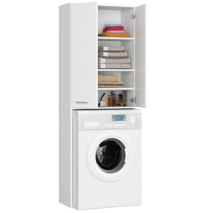 Meuble pour machine à laver AKORD FIN Blanche 64 cm 2 portes façade Blanche 4 étagères 64x30x180 cm