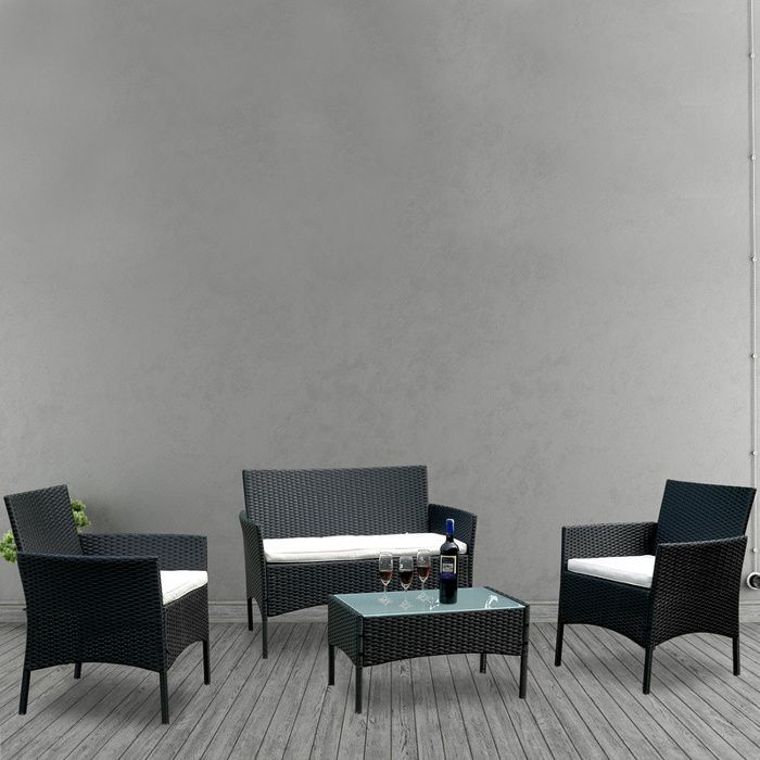 Set di mobili da giardino Riossad composto da 4 pezzi: 2 poltrone, 1 divano a due posti e 1 tavolo, colore nero, set da salotto basso da giardino.