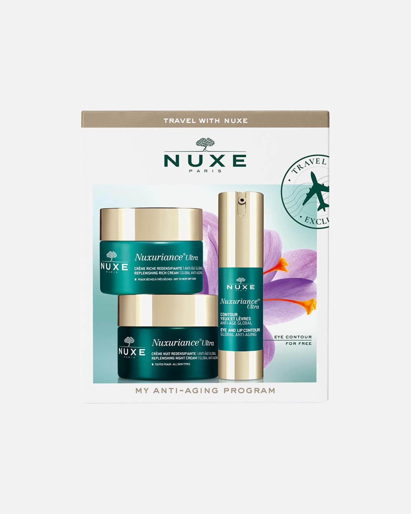 NUXE set za njegu lica Moj program protiv starenja - Regenerirajuća bogata krema 50 ml + Regenerirajuća noćna krema 50 ml + Nega oko očiju i usana 15 ml 1 komad.