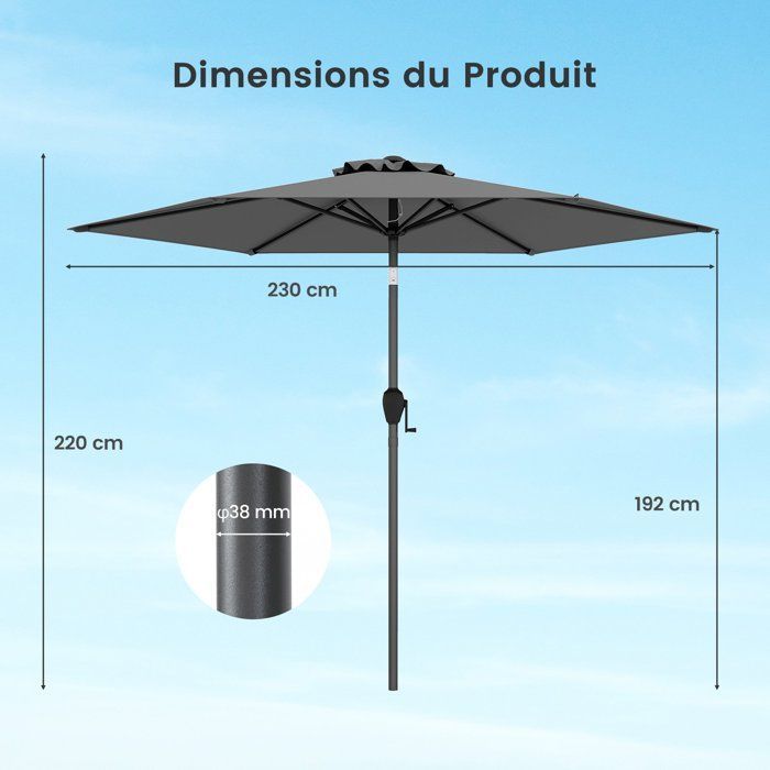 Sombrilla de jardín de 230 cm - COSTWAY - Ángulo ajustable de 35° - Inclinación mediante botón - Manivela - Toldo ventilado para patio - Gris