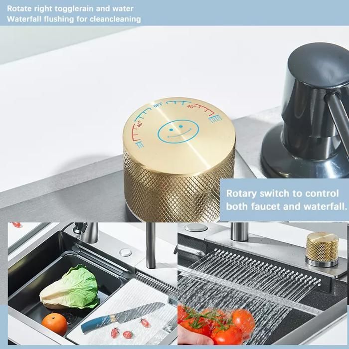 Évier de Cuisine Cascade Multifonction Acier inoxydable Évier Simple avec Robinet Extensible Grand Cuve 1 Bac 60 * 45 * 21 CM,Noir