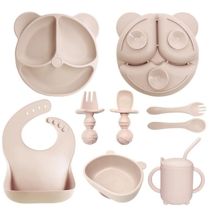 Coffret Repas Bebe 8 pcs,Vaisselle Antidérapante Bébé Set Silicone avec Ventouse Assiette Bol Fourche Cuillère Bavoir et Tasse,Beige