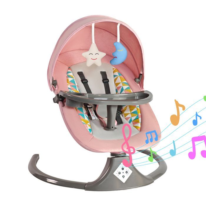 Altalena elettrica per neonati con vassoio per la pappa - Cinque velocità regolabili - 3 impostazioni del timer - Bluetooth/Musica - Cintura di sicurezza - Rosa