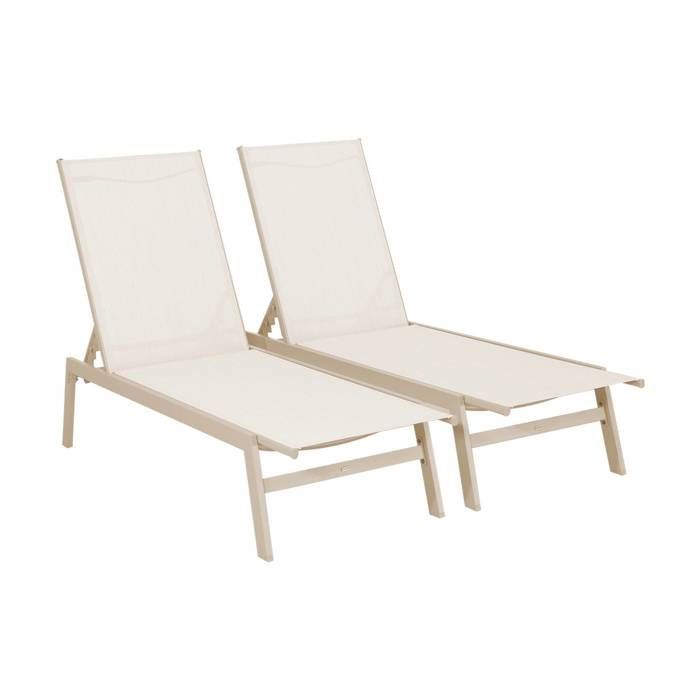 Set di 2 lettini prendisole beige. 5 posizioni. Realizzati in textilene e metallo. FLORA. L155 x P59 x H106 cm