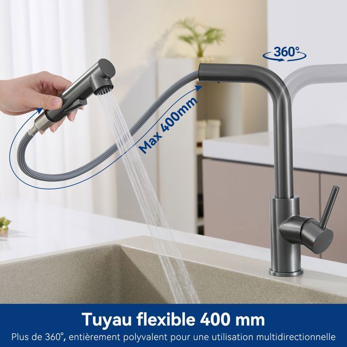 Mitigeur de cuisine - SOFETIY MAX - SOFETIY MAX - Inox brossé gris foncé - Douchette extractible 40 cm - Rotation 360°