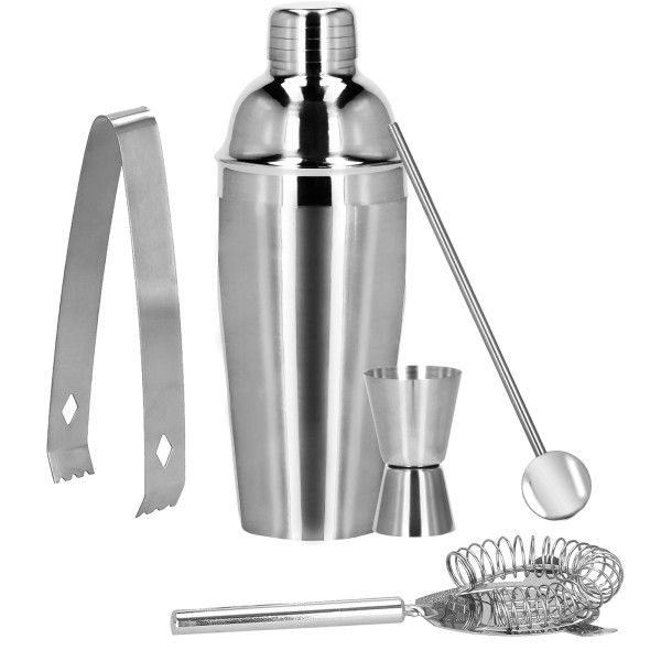 Zestaw barmański 5 elementów shaker 750 ml i szczypcami do lodu srebrny