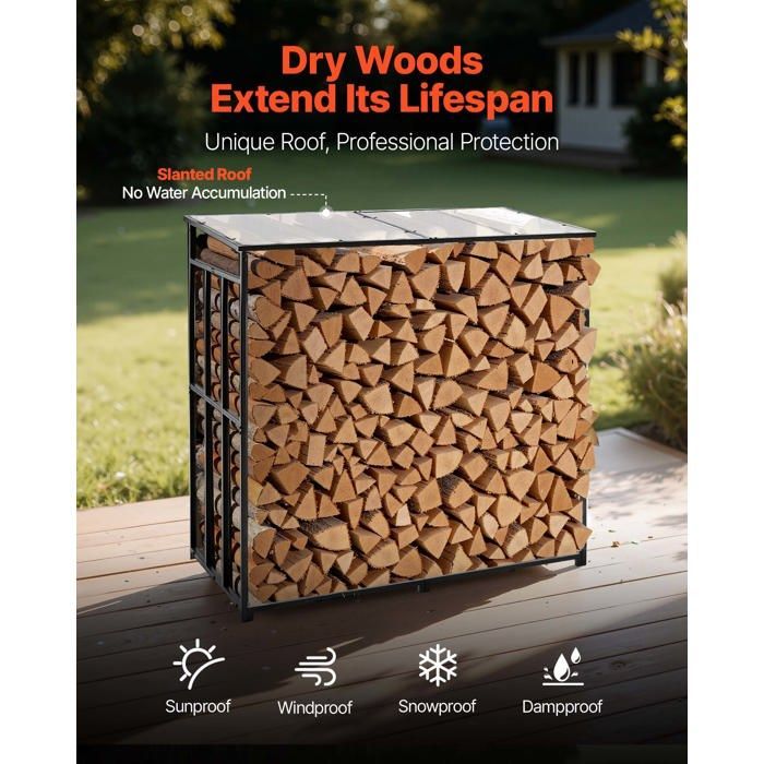 Support à Bois de Chauffage avec Toit Incliné-VEVOR-Range-Bûches Extérieur Métal-Capacité 299,4 kg-Abri de Rangement Thermolaqué