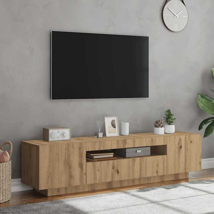 Mueble para TV ÚNICO con luces LED LMT - Mueble para TV de madera de roble de ingeniería hecho a mano cozy489578