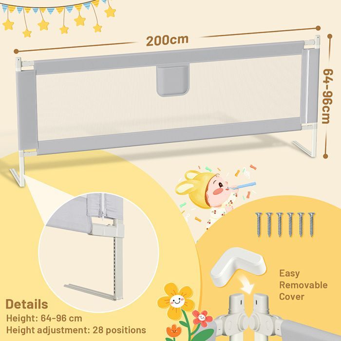 Barrière de lit bébé ajustable - Cecaylie - 200 cm - Hauteur réglable 64-96 cm - Gris - Pliable - Antidérapant