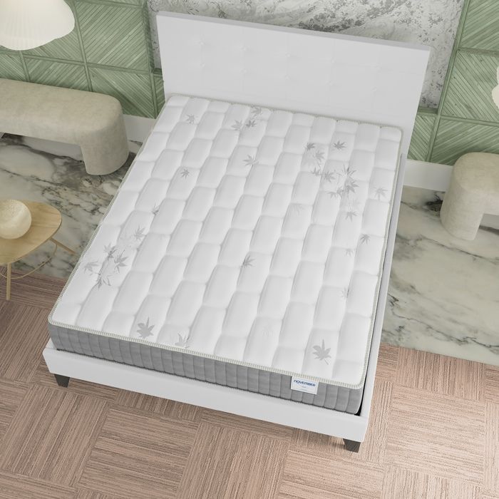 Colchón y cama (140x200cm) - Galicia 25cm Muelles ensacados y espuma viscoelástica + Base de láminas y cabecero tapizados en blanco