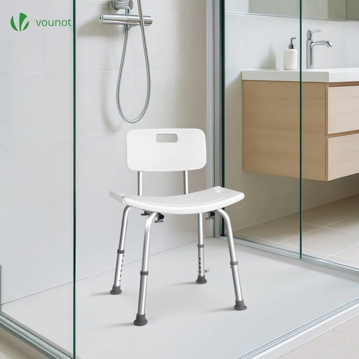 Silla de ducha VOUNOT® con respaldo ergonómico - Altura ajustable - Patas antideslizantes - Asiento de aluminio y HDPE - Blanca