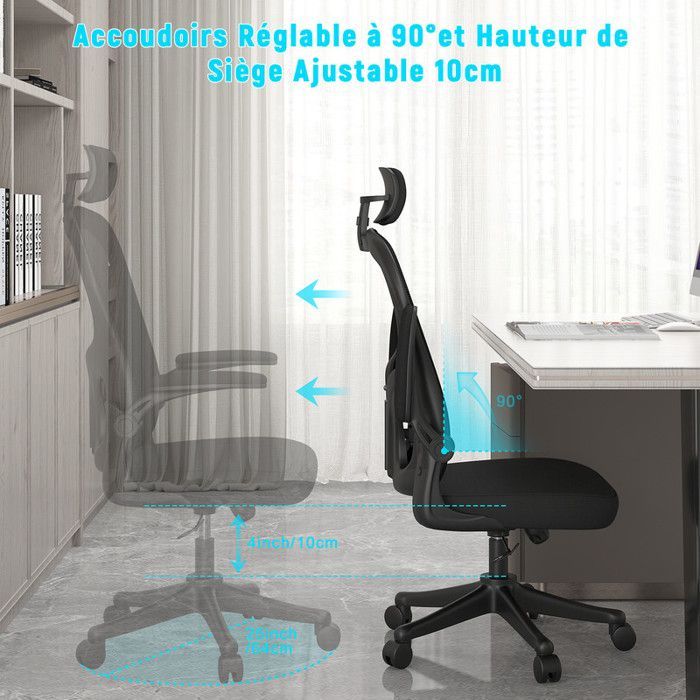 Office chair with 2D armrests and headrest, lumbar support, adjustable backrest, 50 x 64 x (120-134) cm, ergonomic chair