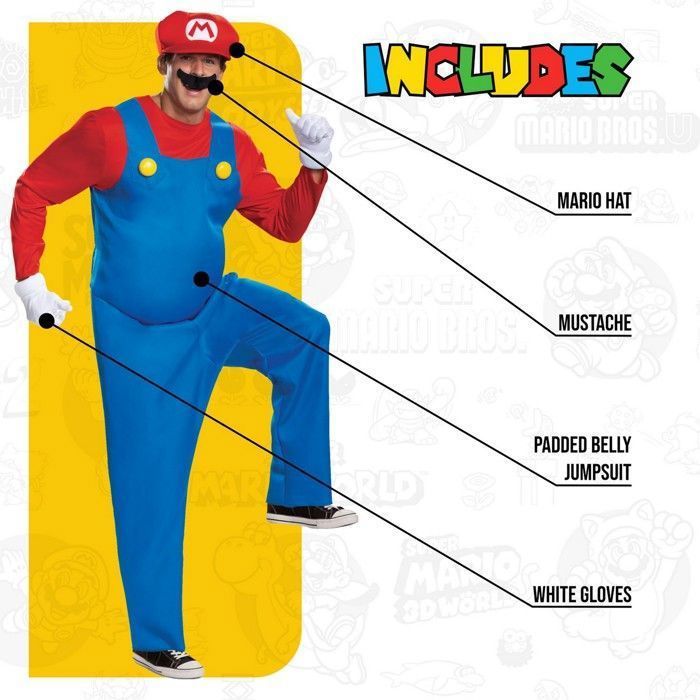 Official adult Mario costume - blue and red jumpsuit, cap and mustache