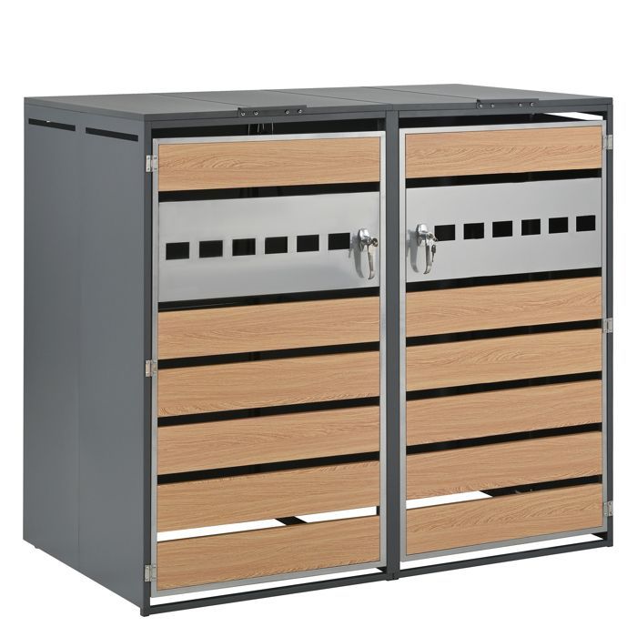 Cache Poubelles de Jardin pour 2 poubelles, Couvercle à Rabat, Ventilation horizontale perforée, Métal, Gris + Bois
