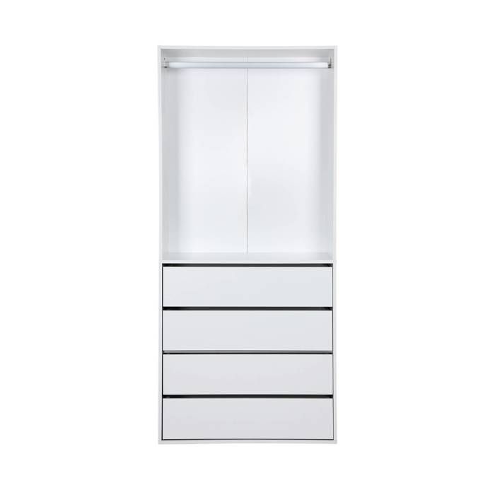 Guarda-roupa com 4 gavetas e 1 varão para pendurar roupas, branco. Painéis laminados.