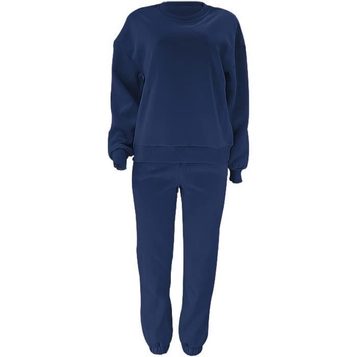 Survêtement Femme Ensemble doublée de Fourrure Sweat à Pullover et Pantalon Jogging Bleu