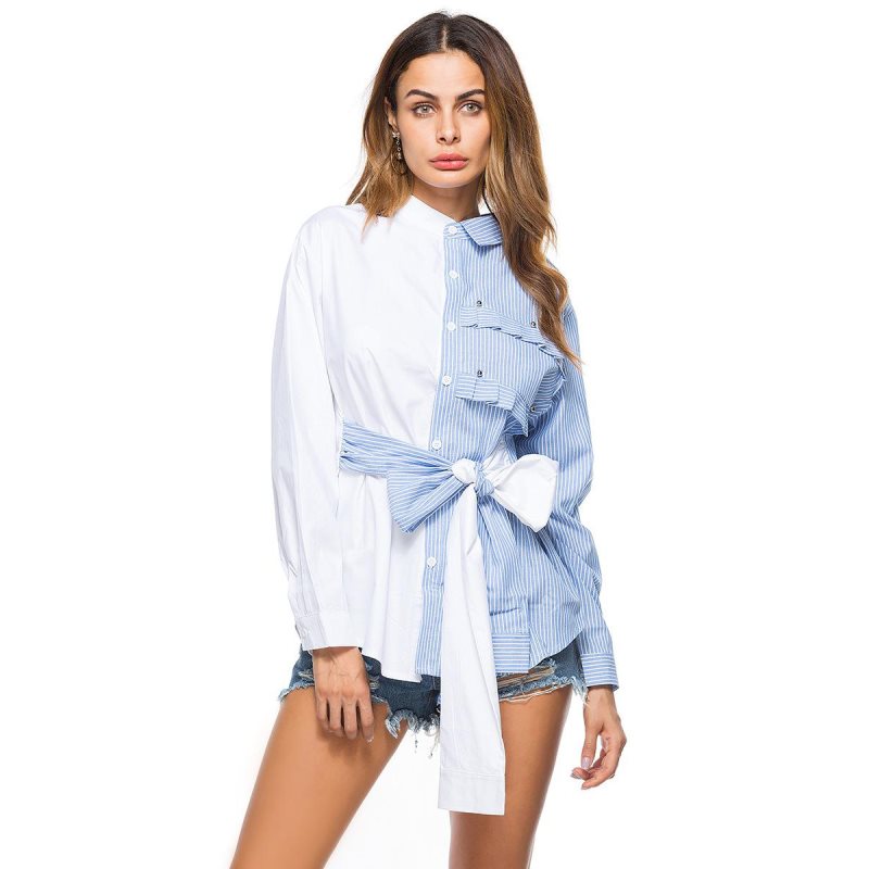 Chemise rayée asymétrique à coutures contrastées pour femme, collection automne 2020 : style décontracté et audacieux.