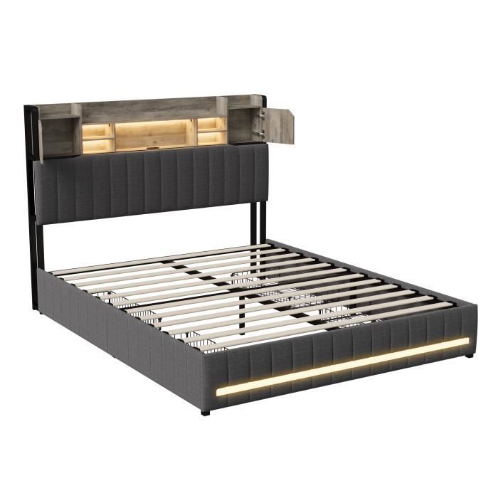 Letto 140x190cm - PERGAR - Con 4 cassetti - Testiera con contenitore - Luci LED e USB - Lino grigio