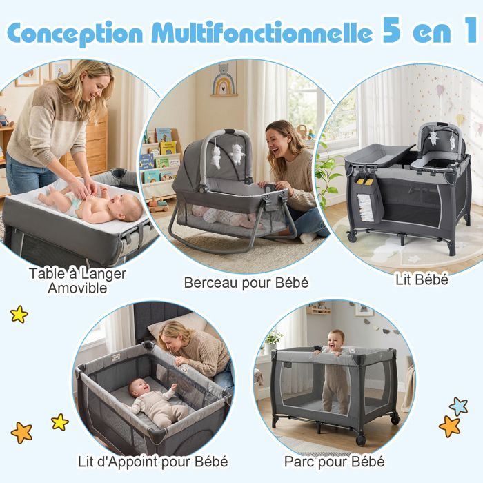 Lit Bébé Parapluie avec Matelas 5 en 1 COSTWAY-Berceau,Table à Langer-Lit de Voyage-Jouets Suspendus,Boîte à Musique-Roulettes-Gris