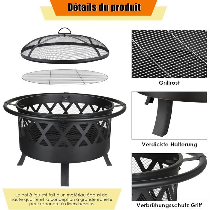 81cm Brasero Barbecue Exterieur pour Jardin,Foyer avec Protection Anti-étincelles et Tisonnier,Grille de Barbecue,Noir