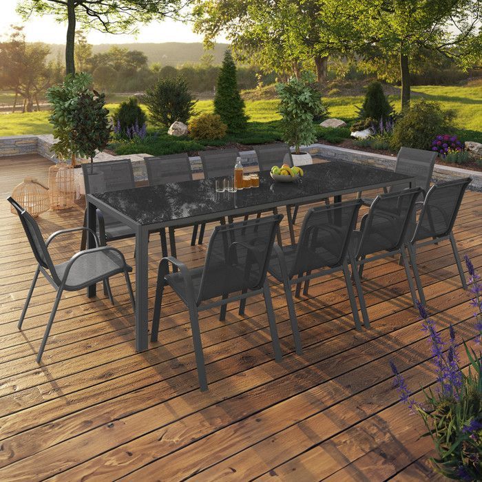 IDMARKET Salon de jardin MADRID table 240 CM et 10 chaises empilables gris anthracite
