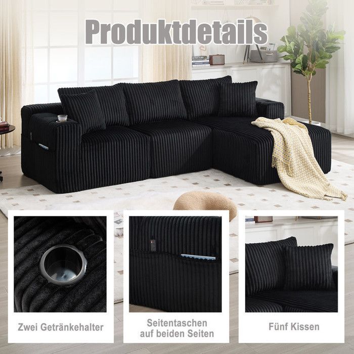 Sofá esquinero de 3 plazas, sofá modular, pana, 5 cojines, bolsillos laterales y portavasos, negro, 257×90-160×62cm