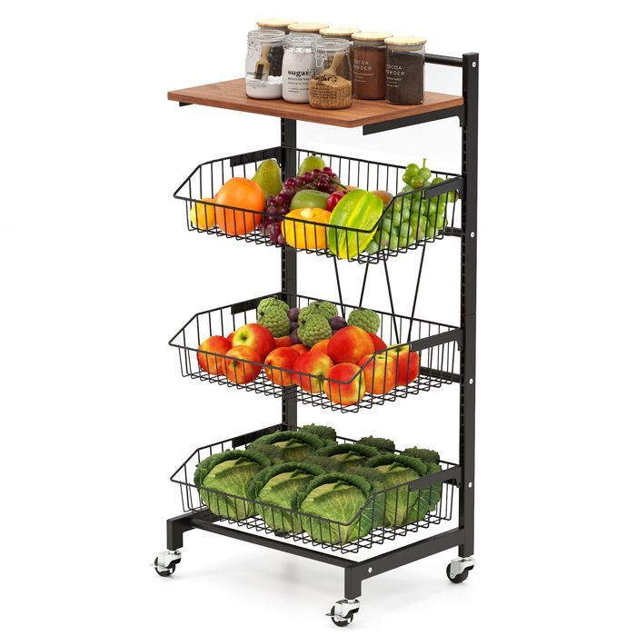 COSTWAY Chariot de Service à 4 Étagères, 3 Paniers Amovibles, Hauteur Réglable, Desserte de Cuisine à Roulettes pour Fruits Légumes
