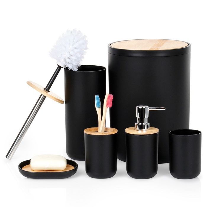 VILDE 6-Piece Bathroom Accessories - Matte Black Plastic - Bamboo Wood - Modern Design - Easy to Clean