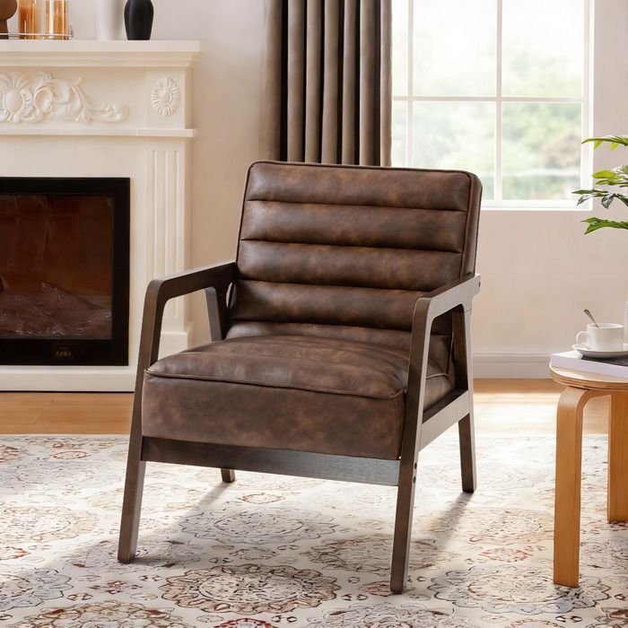 Sillón - HOMCOM - asiento ancho, cojín grueso y estructura de madera maciza - para salón, dormitorio, rincones de lectura - PU - marrón