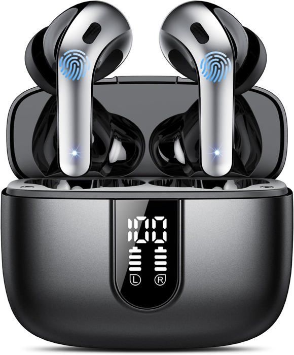 Draadloze Bluetooth-oordopjes, Bluetooth 5.3-hoofdtelefoon, 50 uur speeltijd, aanraakbediening, 4 ruisonderdrukkende microfoons, basversterking