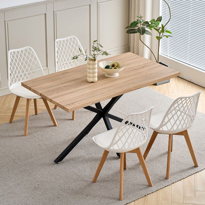 Set of 4 Dining Chairs - Scandinavian Style - Solid Wood Legs - Openwork Backrest (White)