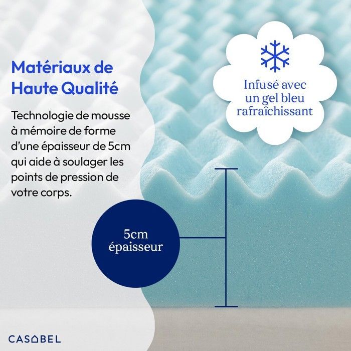 CASABEL Surmatelas 140x190 cm - Mémoire De Forme Zones Ergonomiques Gel Infusé Bleu - 5 cm - Sur-matelas Confort