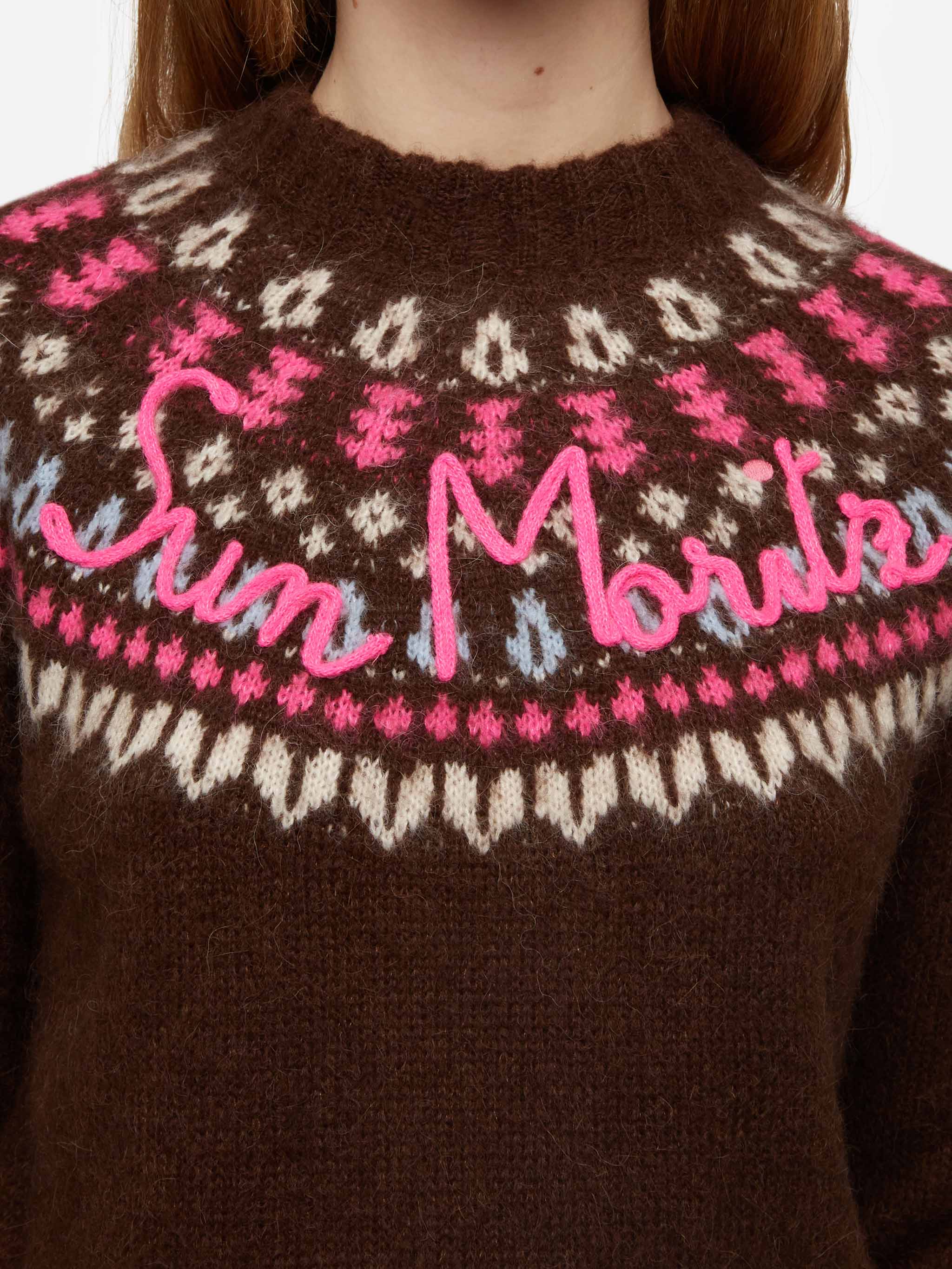 Maglione marrone Queen Nordic Soft con jacquard fair isle e ricamo Sun