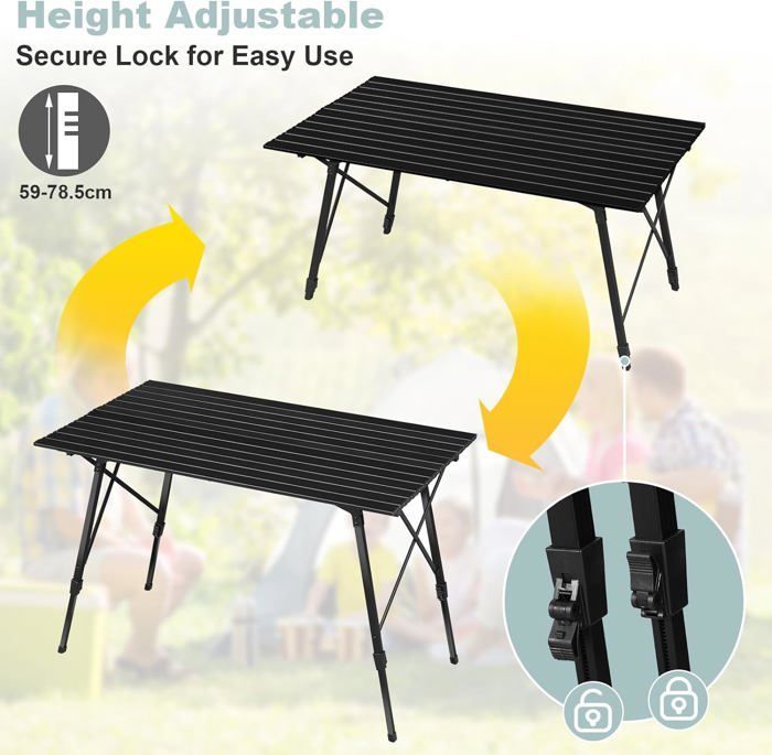 Mesa de camping plegable de aluminio WOLTU, altura regulable, mesa de picnic portátil, 120 x 68,5 cm, negra W0ETT0159