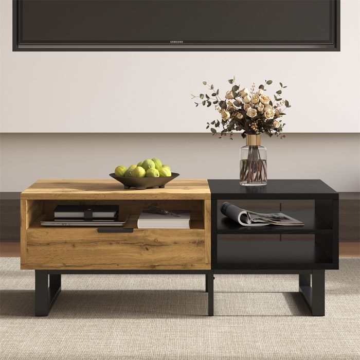 Salontafel met plank en lade voor de woonkamer, houten salontafel met gekleurde blokstructuur, metalen poten - 100 × 50 × 40 cm