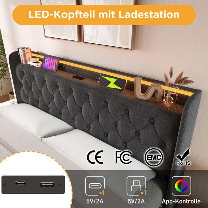 Lit coffre capitonné 180x200 cm en lin - avec Fonction de recharge USB Type-C et LED - Coffre de rangement - Sommier à lattes -
