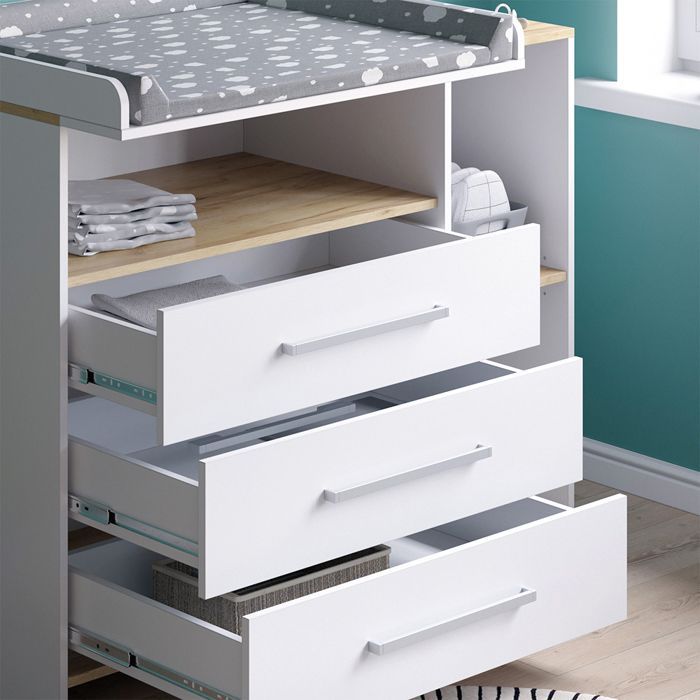 Commode à langer Oskar 113x93cm avec 3 tiroirs Chêne blanc/force de l'or Chêne de force doré Vicco 55591