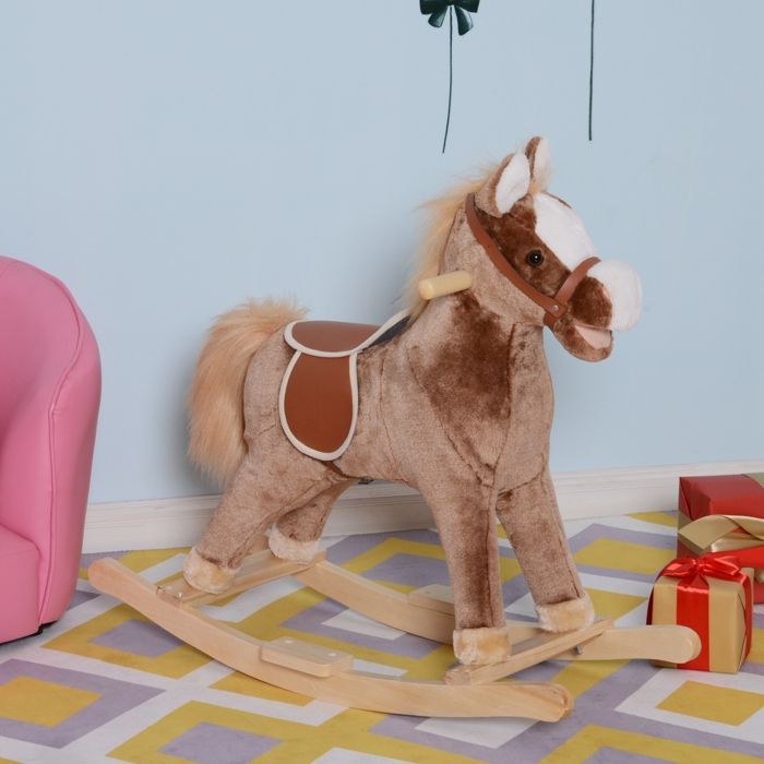Caballo balancín - HOMCOM - Silla de montar vaquera cómoda para niños de 36 meses en adelante - Peluche suave - Madera - Capacidad de carga de 40 kg - Marrón y blanco