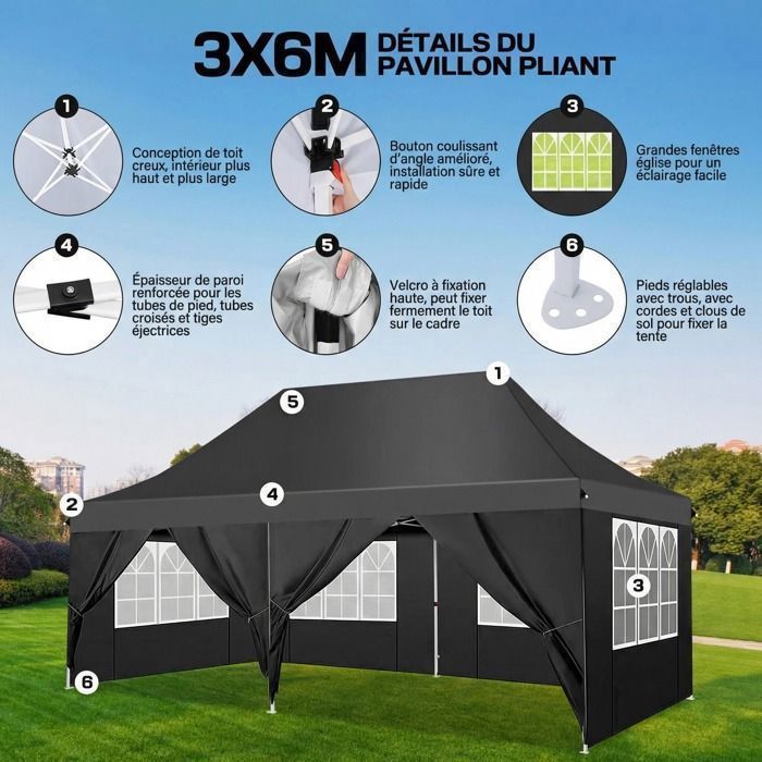 3x6 Folding Gazebo, Outdoor Waterproof Garden Gazebo, Reception Tent with 6 Side Panels, UV 50+ Tent, Black
