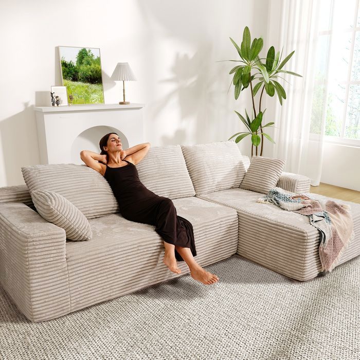 Sofá esquinero derecho de 263x171x59cm, combinación libre, no requiere montaje, sofá en forma de L de 4 plazas con chaise longue, pana beige.
