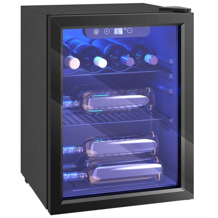 Wine cellar - HOMCOM - 16 bottles - adjustable temperature 4-16 °C, reversible door - steel and tempered glass - 43x41.5x57.5cm - black