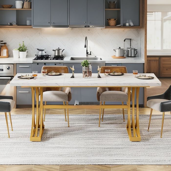 Table à manger moderne - 160×80×75 cm - Piètement structure métal - Pour salle à manger, cuisine (blanc/doré)